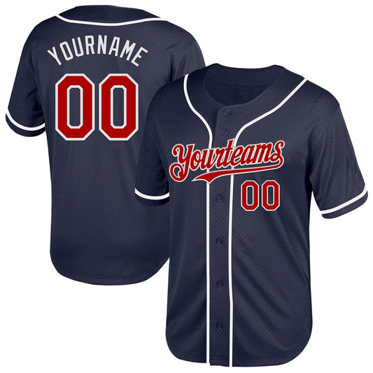 Custom Navy Red-White Mesh Authentic Throwback Baseball Jersey - Main View