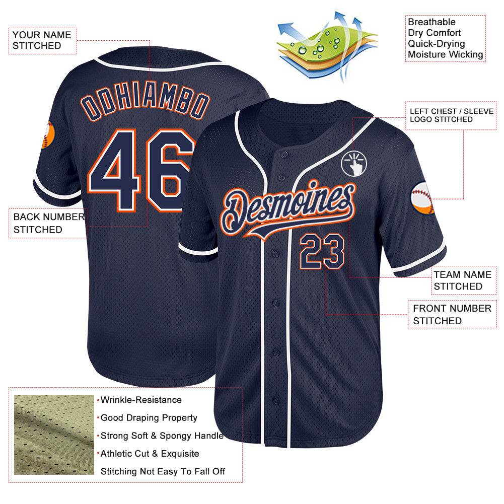 Custom Navy White-Orange Mesh Authentic Throwback Baseball Jersey view 3