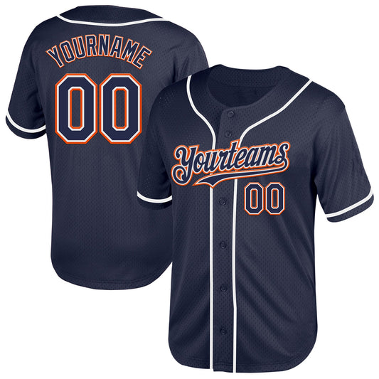 Custom Navy White-Orange Mesh Authentic Throwback Baseball Jersey - Main View