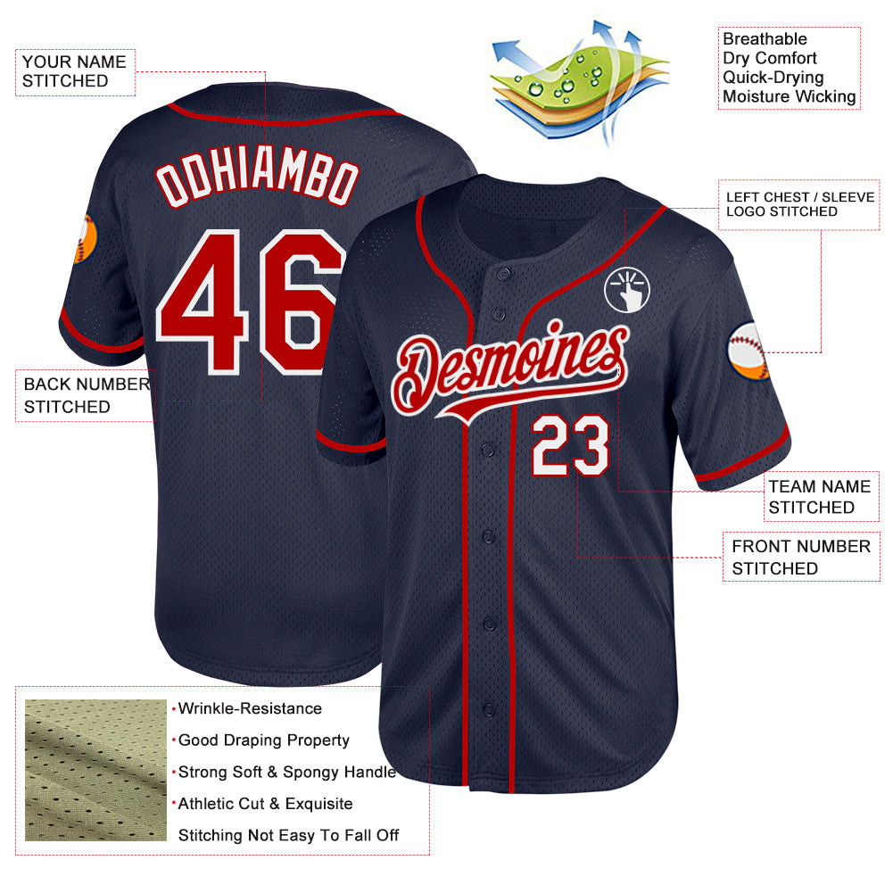 Custom Navy Red-White Mesh Authentic Throwback Baseball Jersey view 3
