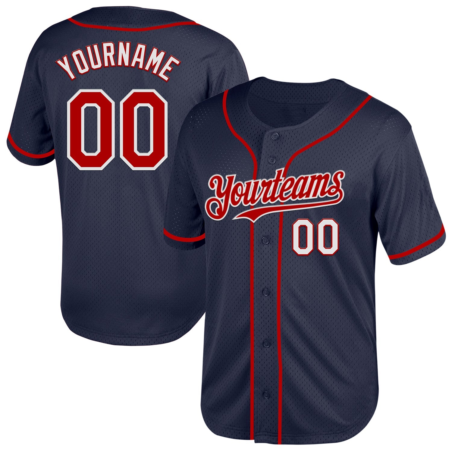 Custom Navy Red-White Mesh Authentic Throwback Baseball Jersey - Main View