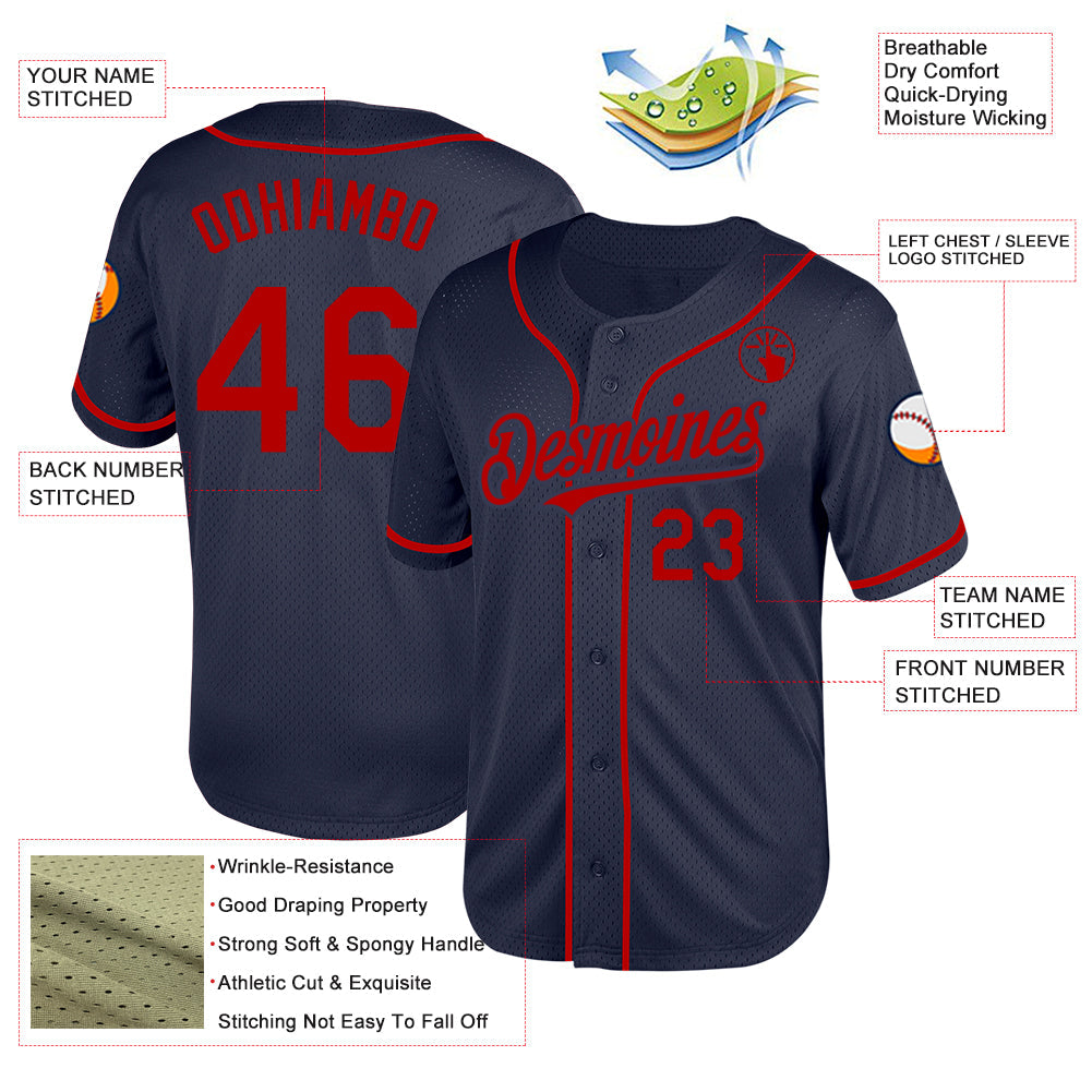 Custom Navy Red Mesh Authentic Throwback Baseball Jersey view 3