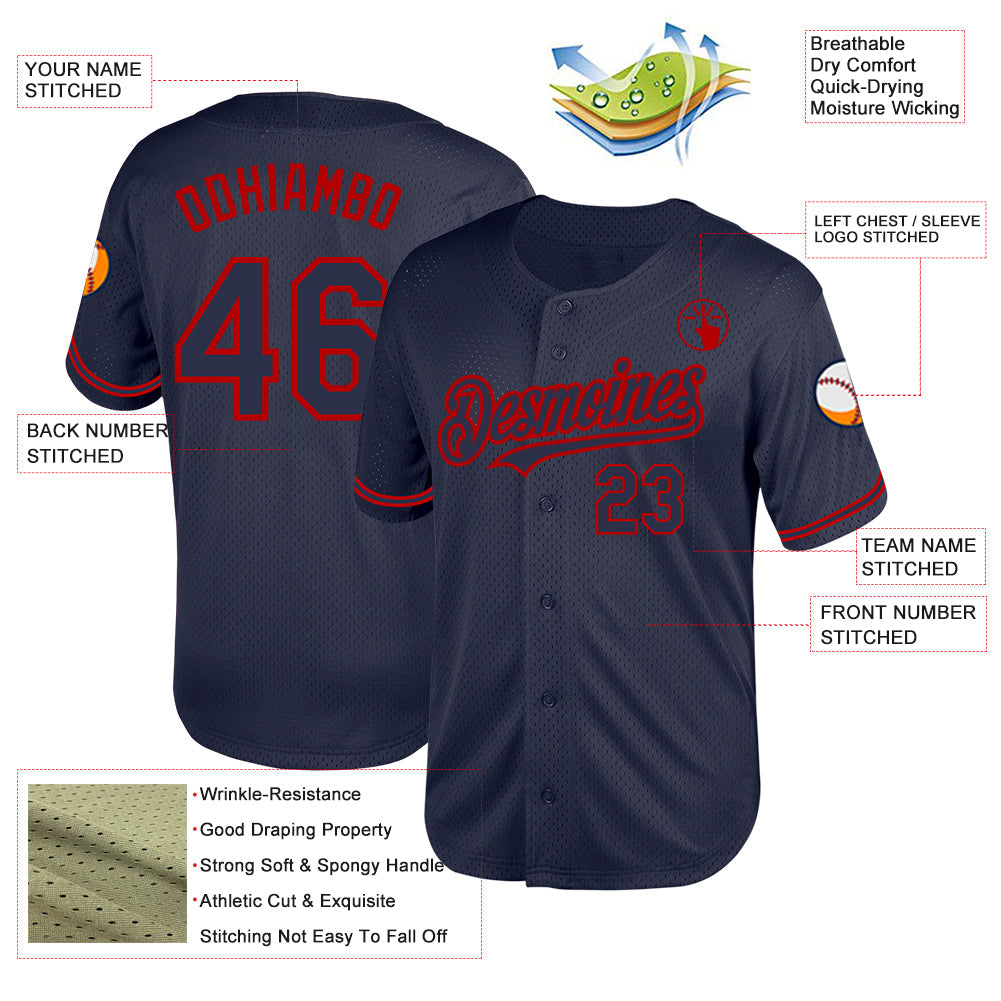 Custom Navy Red Mesh Authentic Throwback Baseball Jersey view 3