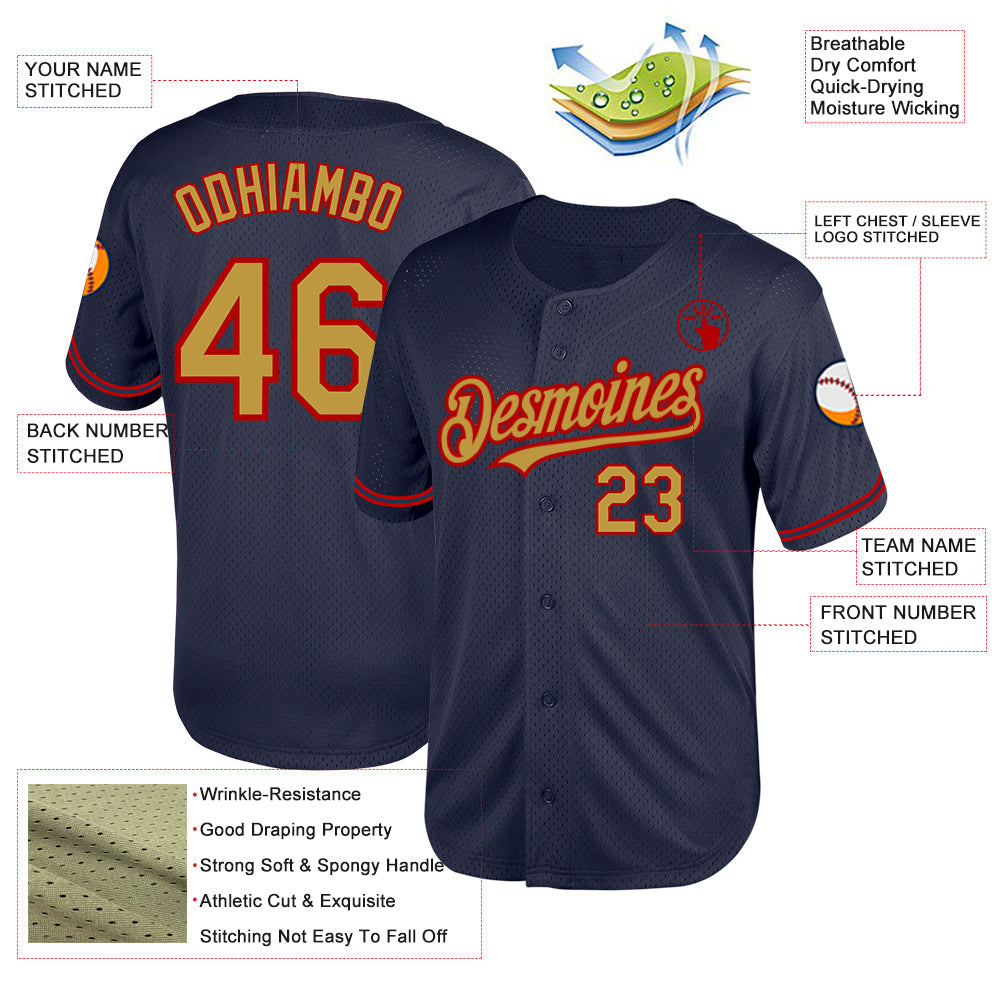 Custom Navy Old Gold-Red Mesh Authentic Throwback Baseball Jersey view 3