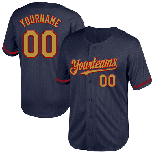 Custom Navy Old Gold-Red Mesh Authentic Throwback Baseball Jersey - Main View