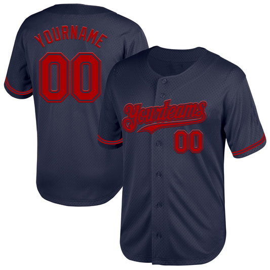 Custom Navy Red Mesh Authentic Throwback Baseball Jersey - Main View