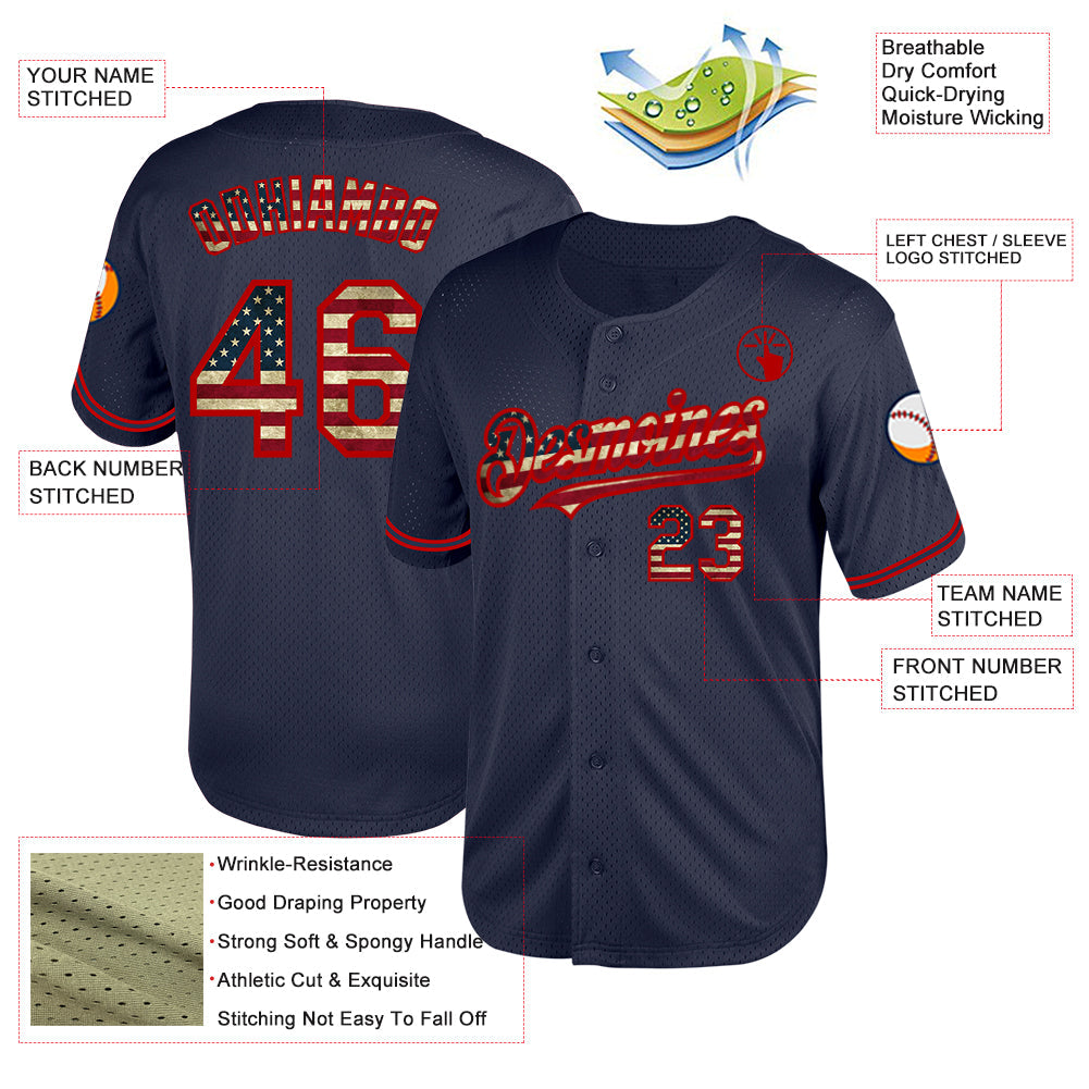 Custom Navy Vintage USA Flag-Red Mesh Authentic Throwback Baseball Jersey view 3