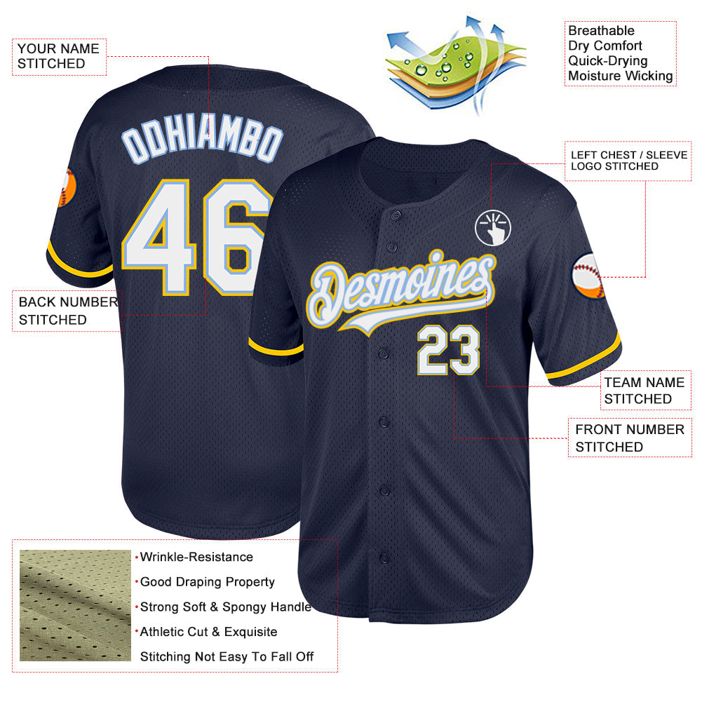 Custom Navy Light Blue-Yellow Mesh Authentic Throwback Baseball Jersey view 3