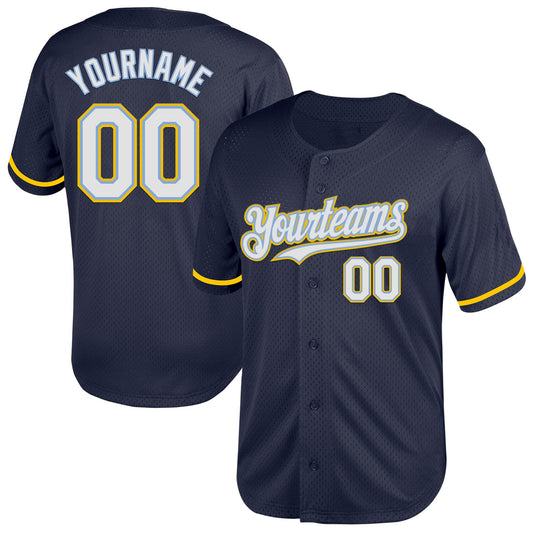 Custom Navy Light Blue-Yellow Mesh Authentic Throwback Baseball Jersey - Main View