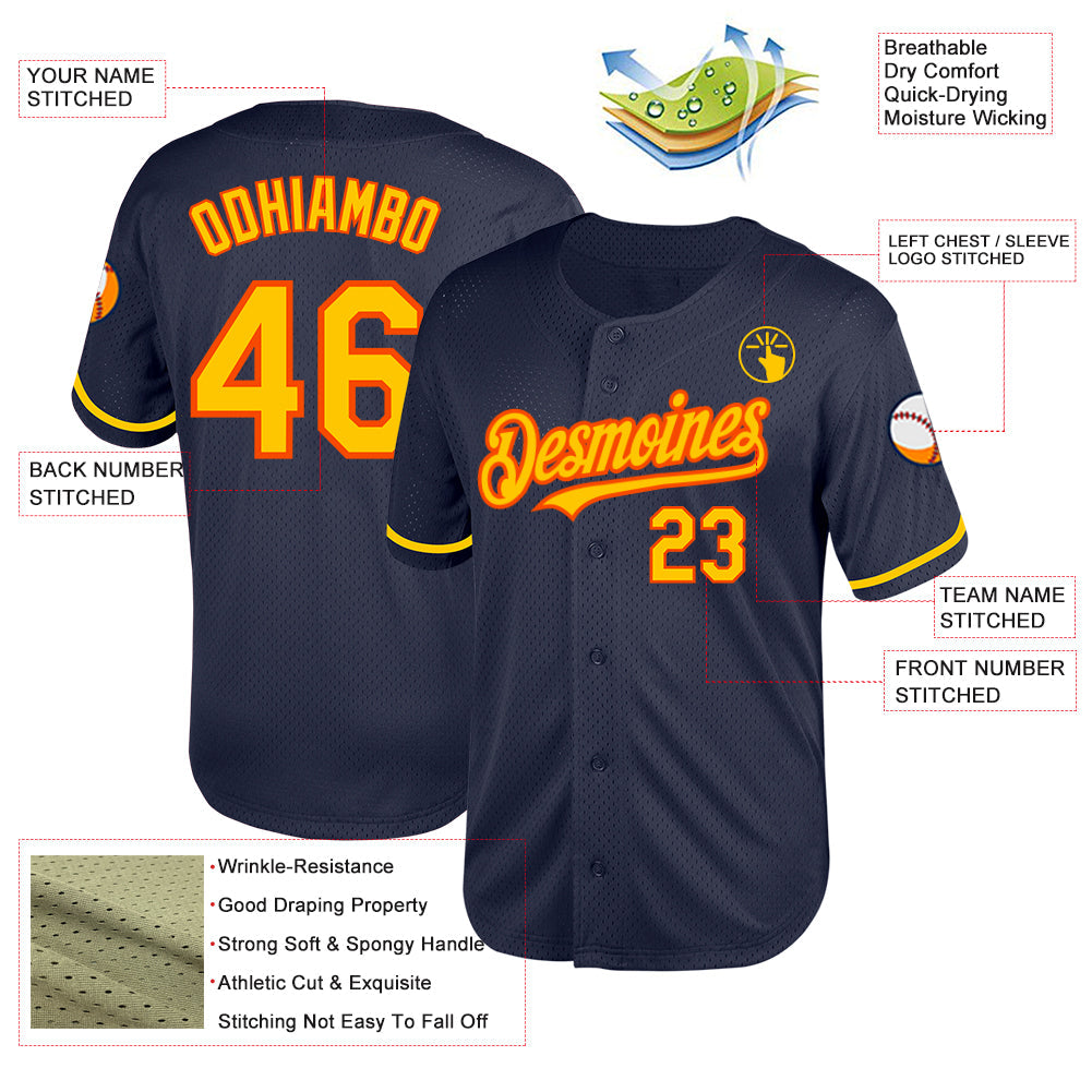 Custom Navy Yellow-Orange Mesh Authentic Throwback Baseball Jersey view 3