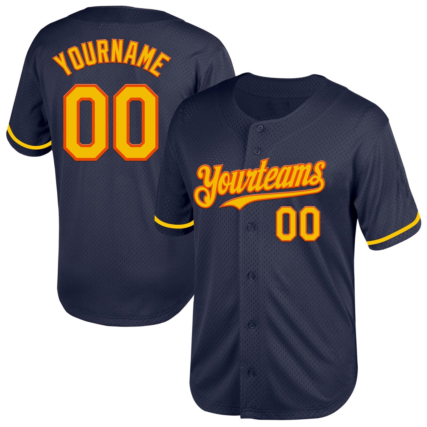 Custom Navy Yellow-Orange Mesh Authentic Throwback Baseball Jersey - Main View