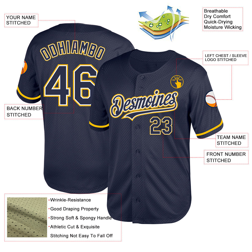 Custom Navy White-Gold Mesh Authentic Throwback Baseball Jersey view 3