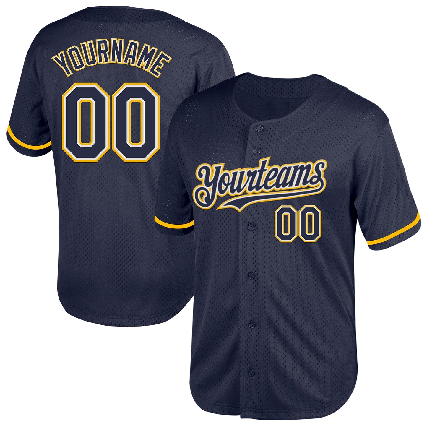 Custom Navy White-Gold Mesh Authentic Throwback Baseball Jersey - Main View