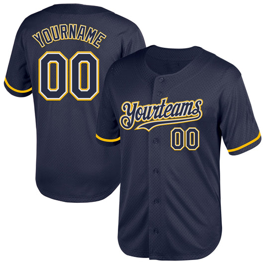 Custom Navy White-Gold Mesh Authentic Throwback Baseball Jersey - Main View
