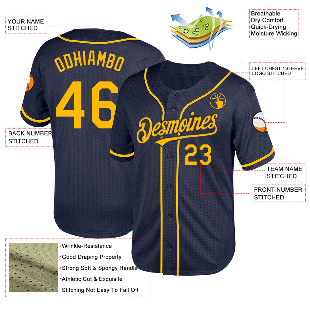 Custom Navy Gold Mesh Authentic Throwback Baseball Jersey view 3