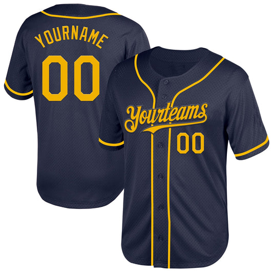 Custom Navy Gold Mesh Authentic Throwback Baseball Jersey - Main View