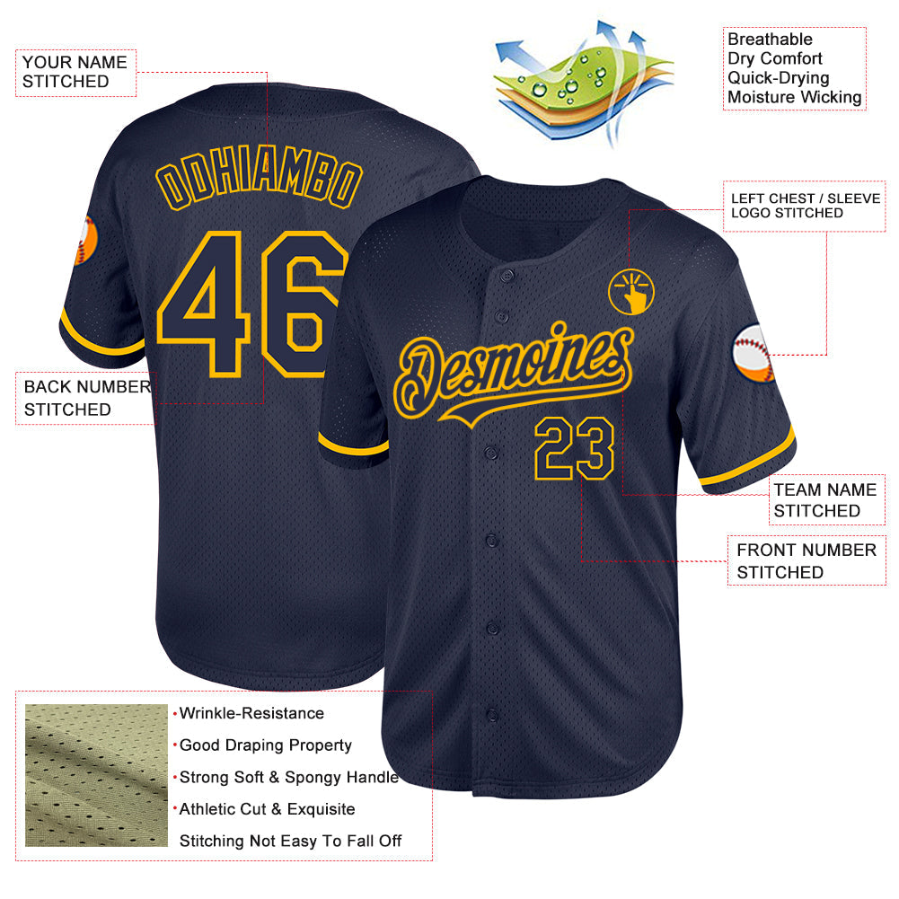 Custom Navy Gold Mesh Authentic Throwback Baseball Jersey view 3