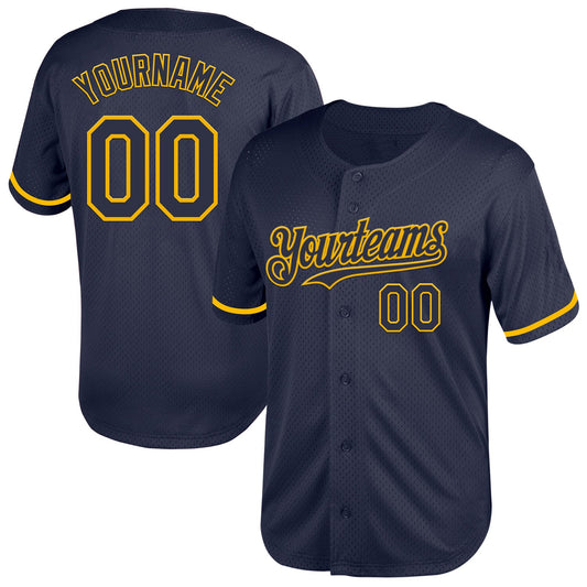 Custom Navy Gold Mesh Authentic Throwback Baseball Jersey - Main View
