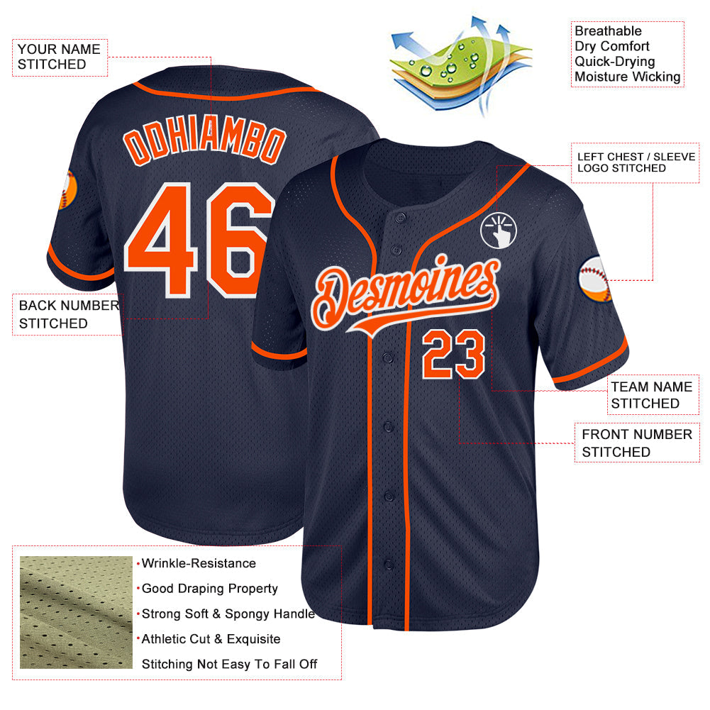 Custom Navy Orange-White Mesh Authentic Throwback Baseball Jersey view 3