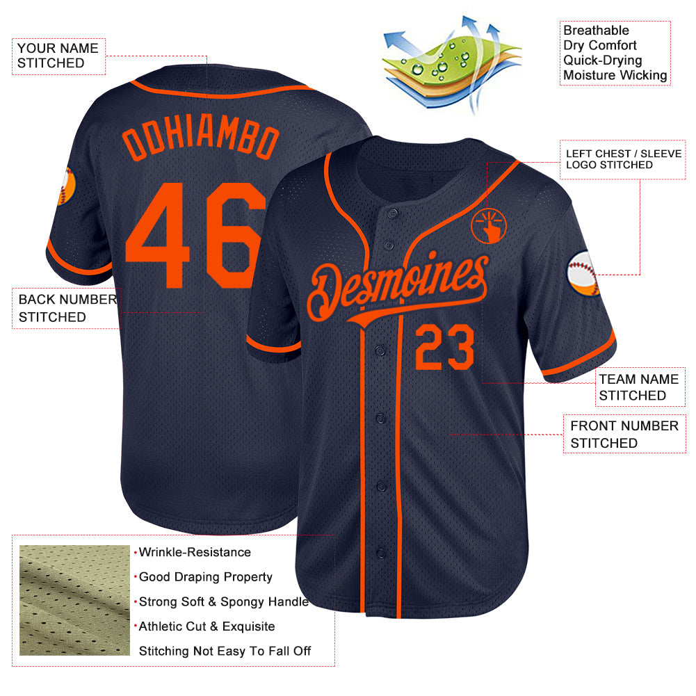 Custom Navy Orange Mesh Authentic Throwback Baseball Jersey view 3