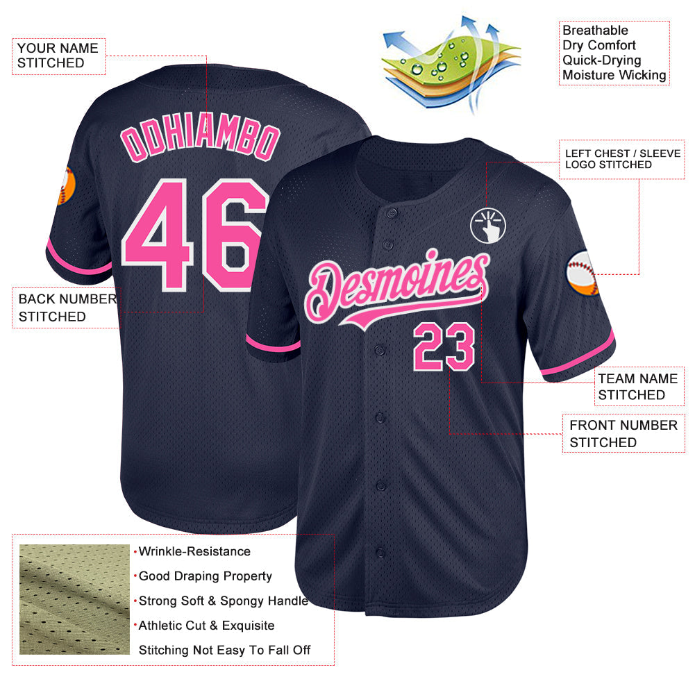 Custom Navy Pink-White Mesh Authentic Throwback Baseball Jersey view 3
