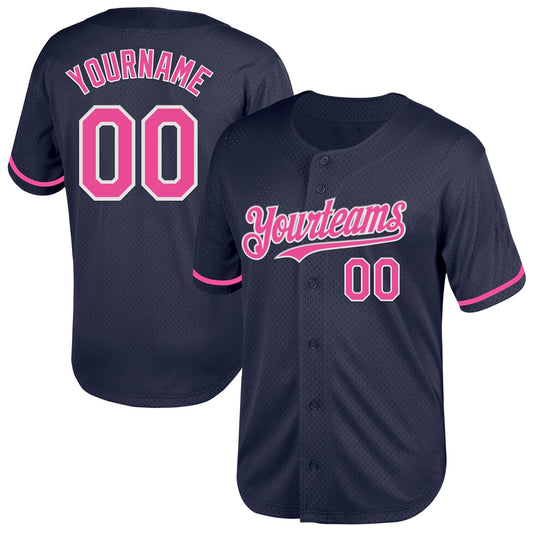 Custom Navy Pink-White Mesh Authentic Throwback Baseball Jersey - Main View