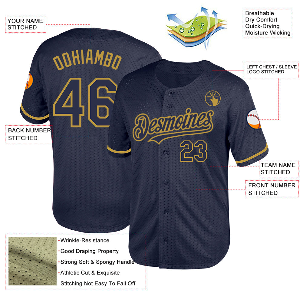 Custom Navy Old Gold Mesh Authentic Throwback Baseball Jersey view 3