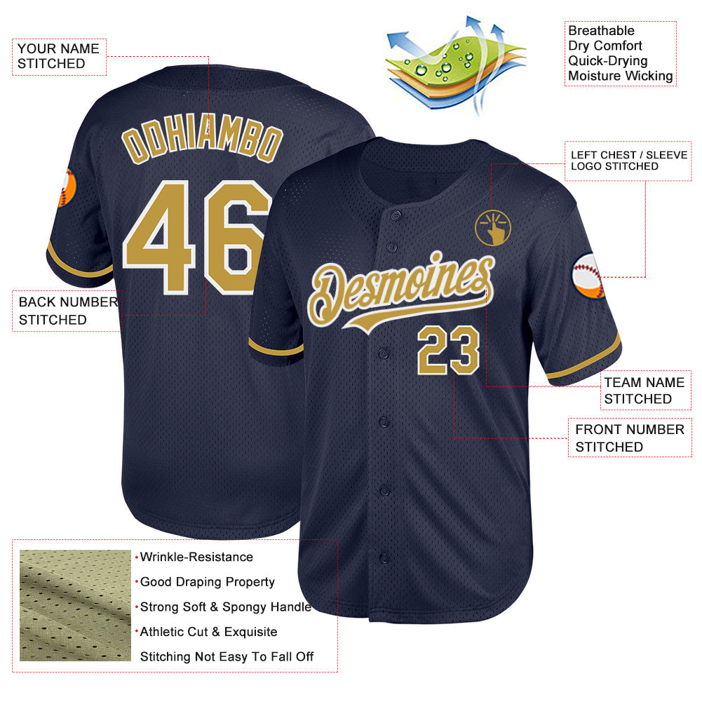 Custom Navy Old Gold-White Mesh Authentic Throwback Baseball Jersey view 3