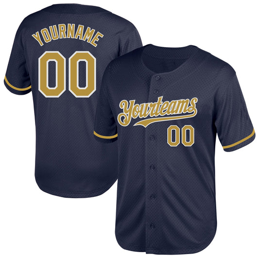 Custom Navy Old Gold-White Mesh Authentic Throwback Baseball Jersey - Main View