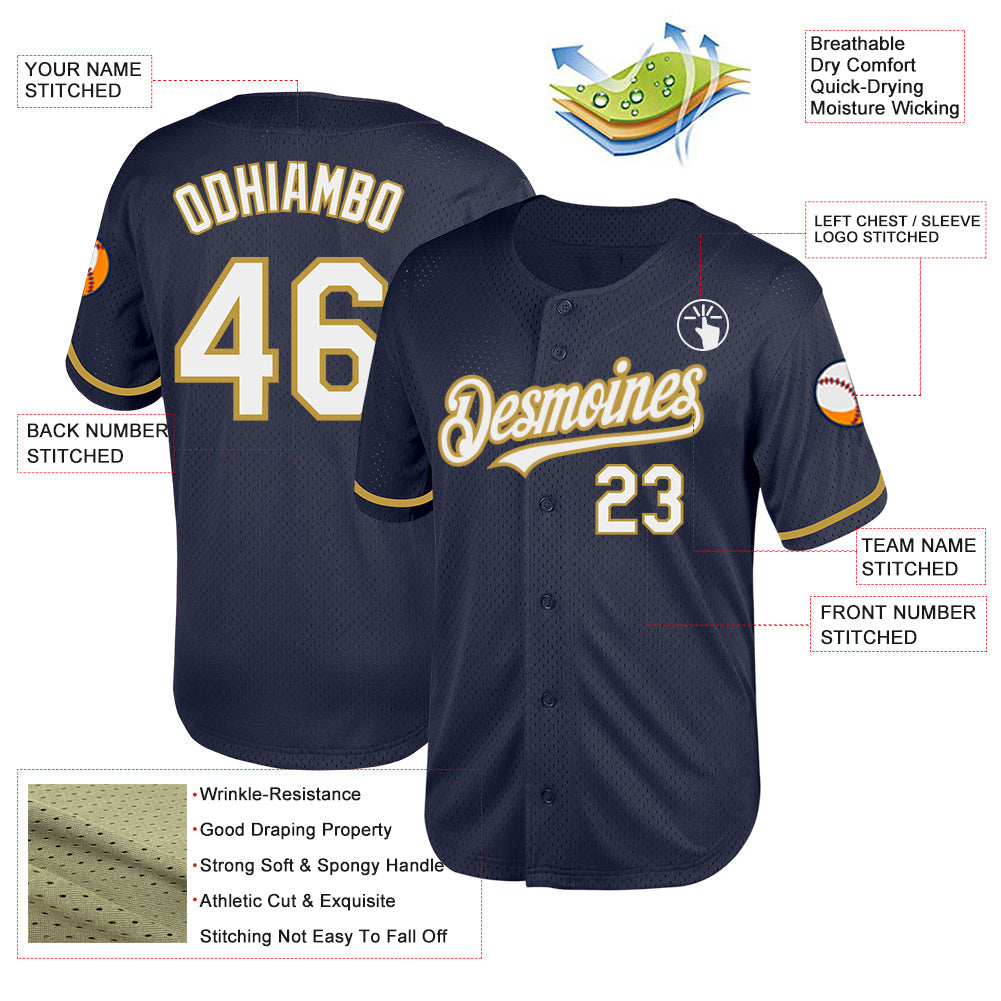 Custom Navy White-Old Gold Mesh Authentic Throwback Baseball Jersey view 3