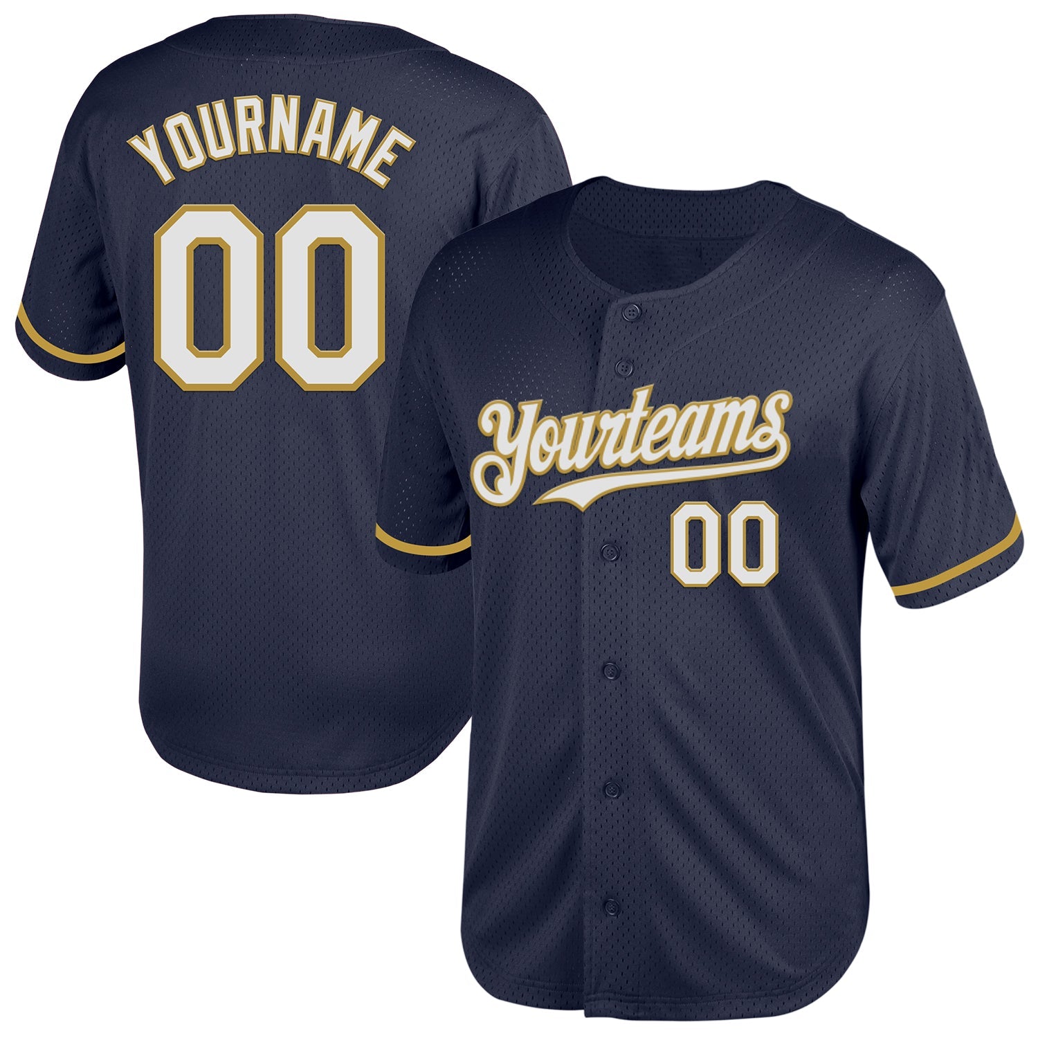 Custom Navy White-Old Gold Mesh Authentic Throwback Baseball Jersey - Main View