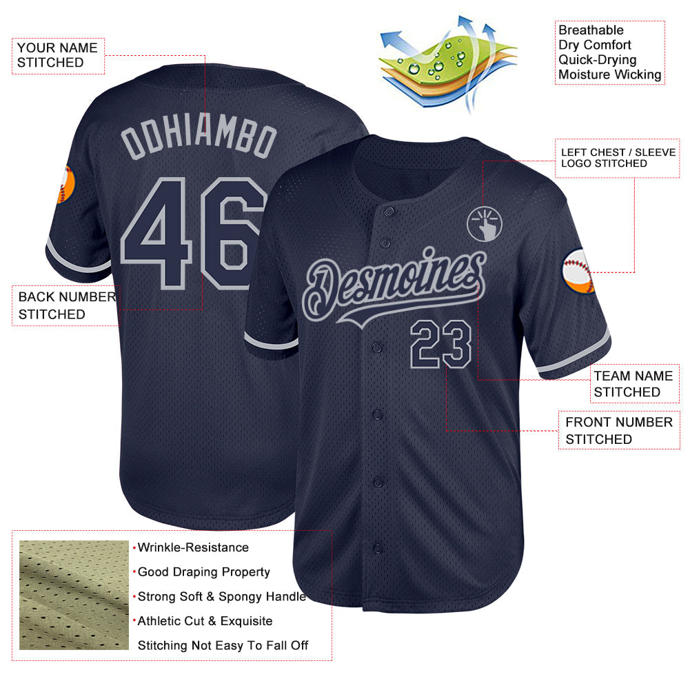 Custom Navy Gray Mesh Authentic Throwback Baseball Jersey view 3