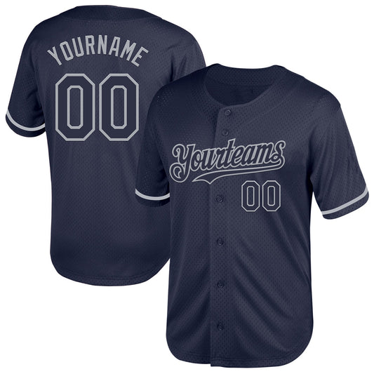 Custom Navy Gray Mesh Authentic Throwback Baseball Jersey - Main View
