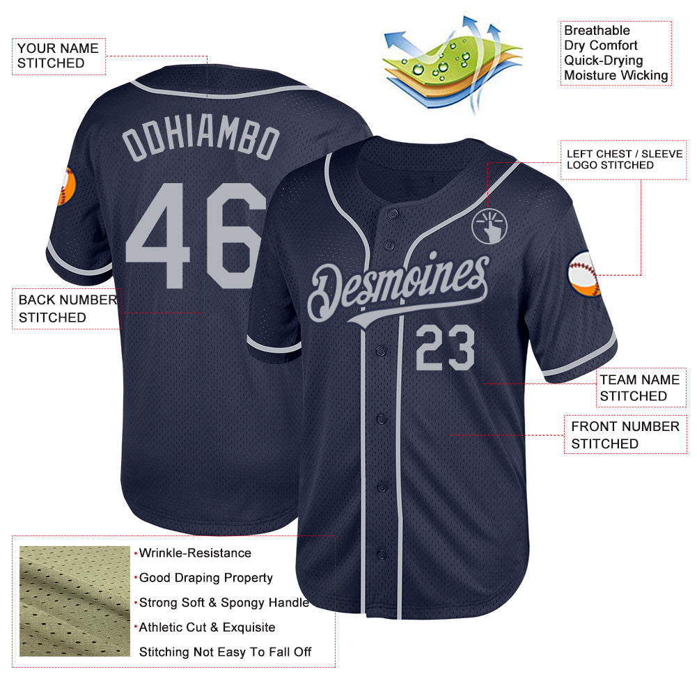 Custom Navy Gray Mesh Authentic Throwback Baseball Jersey view 3