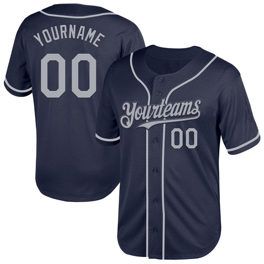 Custom Navy Gray Mesh Authentic Throwback Baseball Jersey - Main View