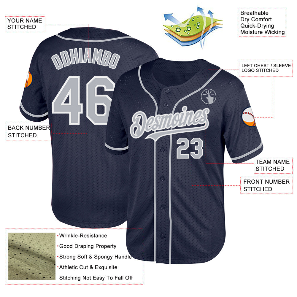 Custom Navy Gray-White Mesh Authentic Throwback Baseball Jersey view 3