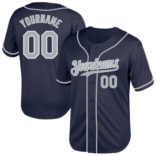 Custom Navy Gray-White Mesh Authentic Throwback Baseball Jersey - Main View