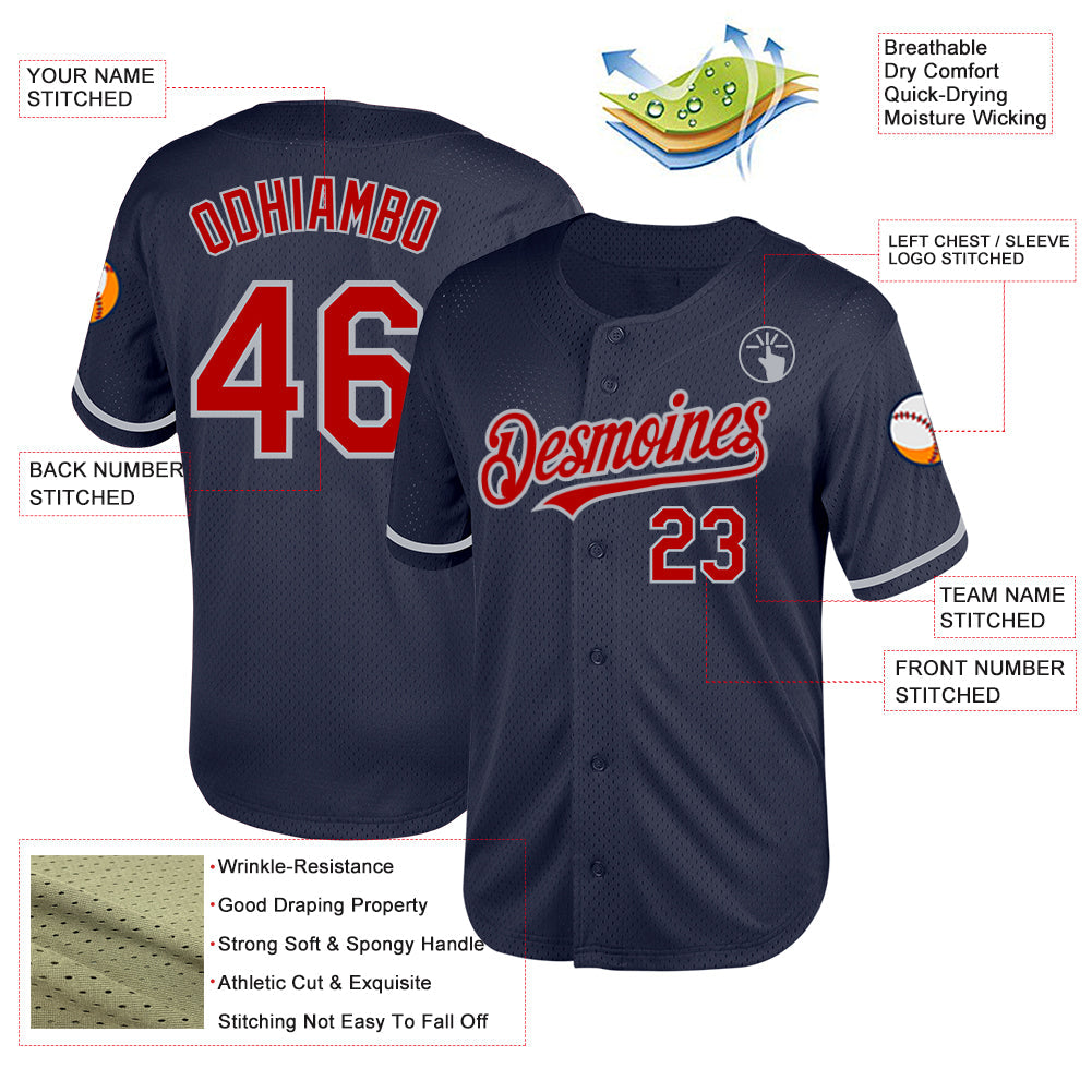 Custom Navy Red-Gray Mesh Authentic Throwback Baseball Jersey view 3