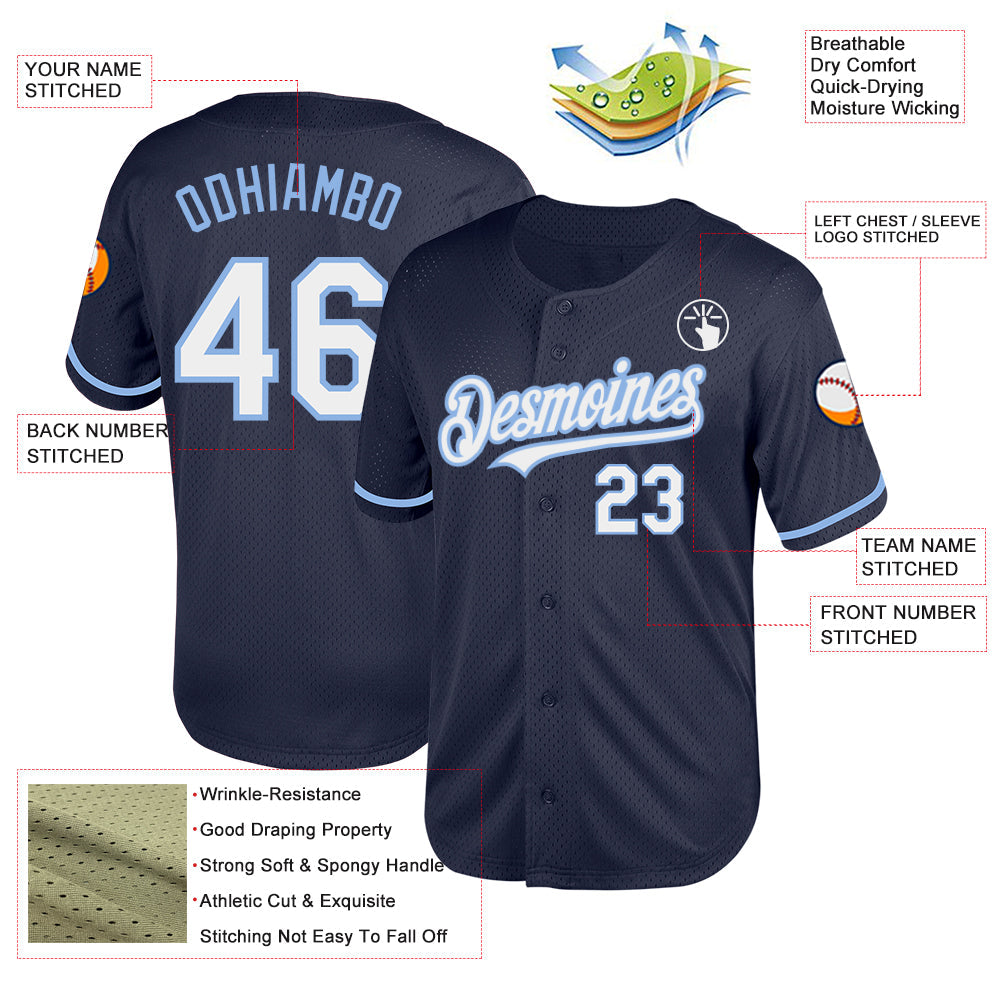 Custom Navy White-Light Blue Mesh Authentic Throwback Baseball Jersey view 3