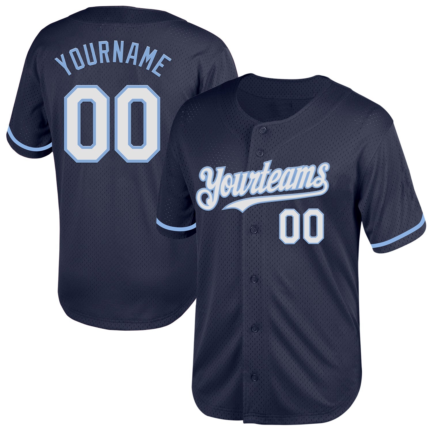 Custom Navy White-Light Blue Mesh Authentic Throwback Baseball Jersey - Main View