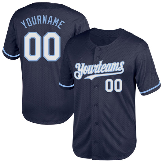 Custom Navy White-Light Blue Mesh Authentic Throwback Baseball Jersey - Main View