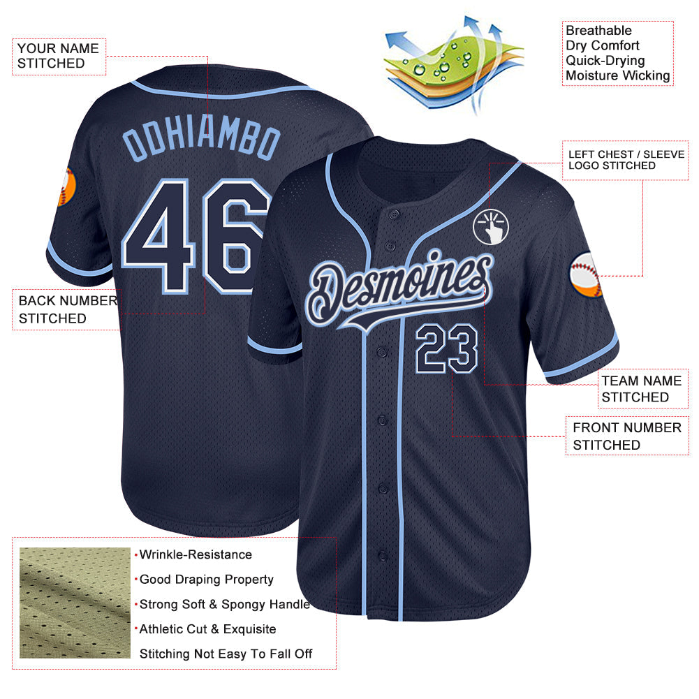 Custom Navy White-Light Blue Mesh Authentic Throwback Baseball Jersey view 3