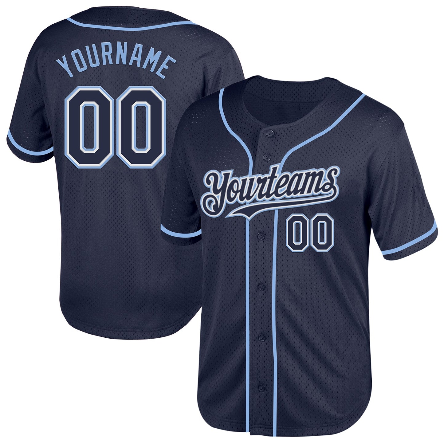 Custom Navy White-Light Blue Mesh Authentic Throwback Baseball Jersey - Main View
