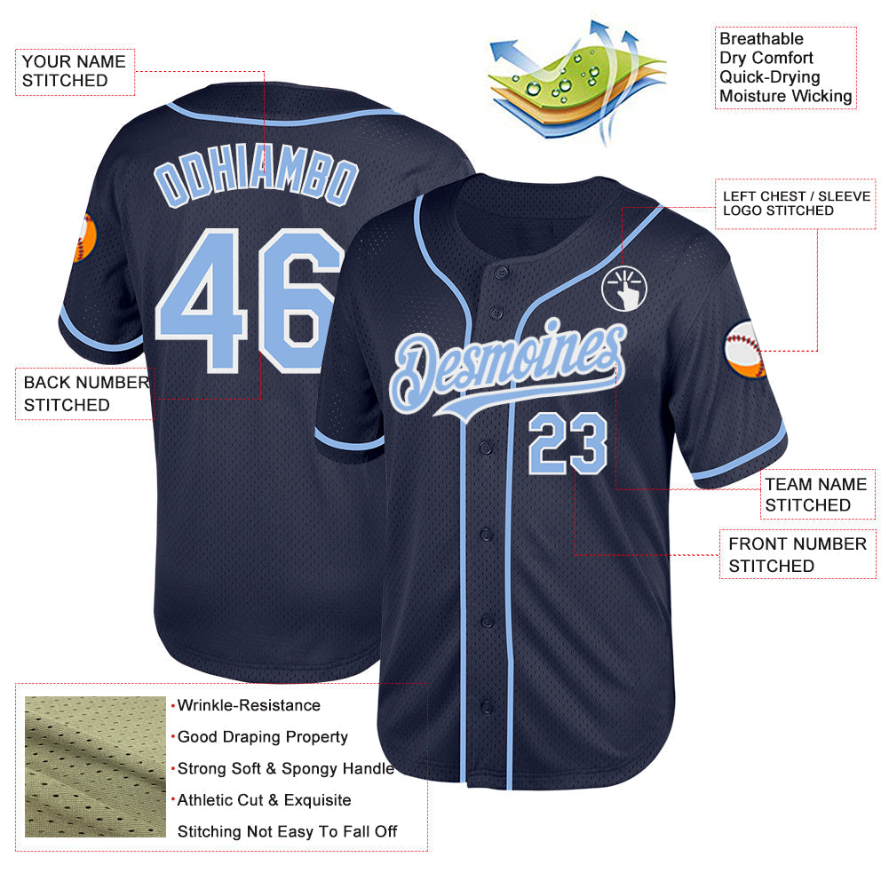 Custom Navy Light Blue-White Mesh Authentic Throwback Baseball Jersey view 3