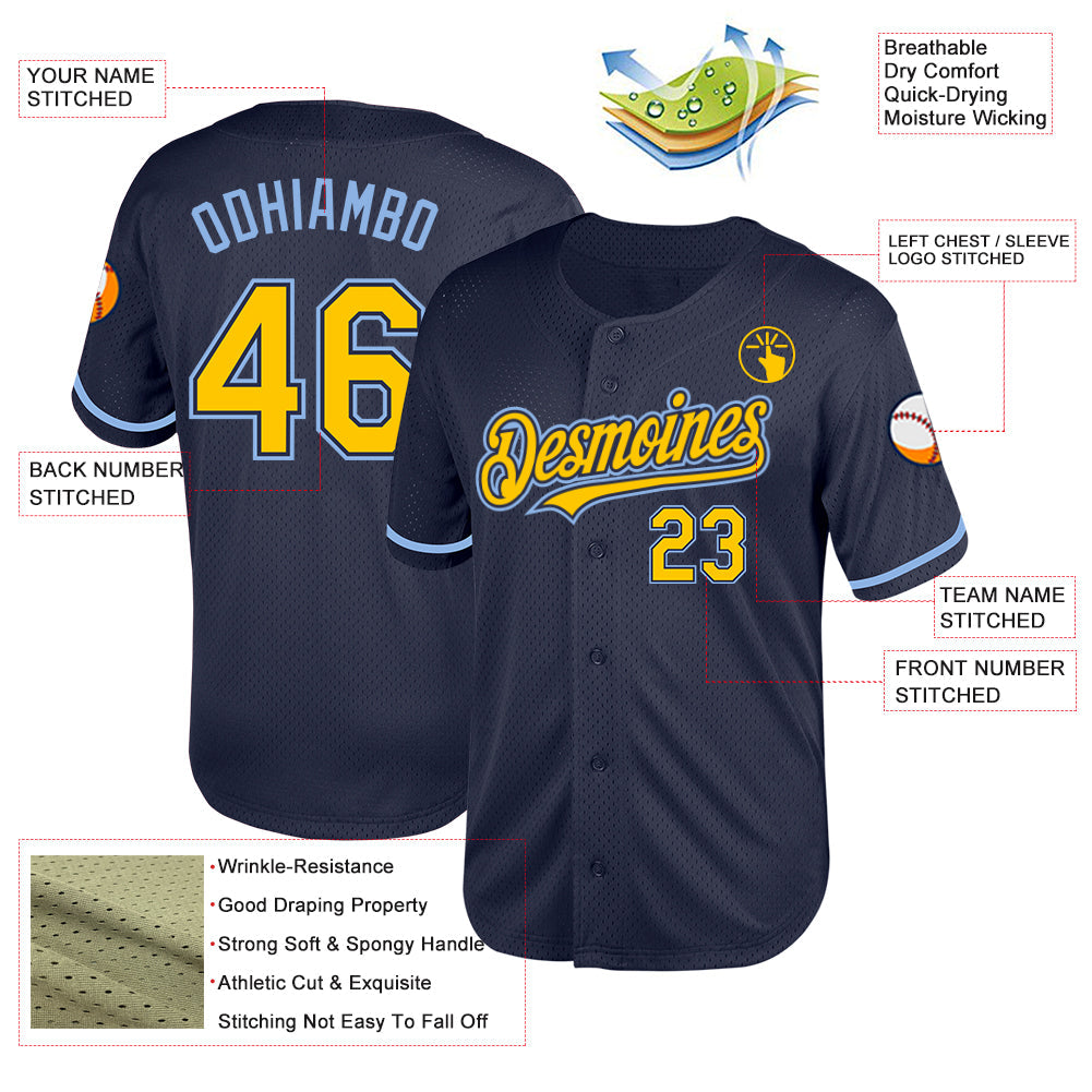 Custom Navy Yellow-Light Blue Mesh Authentic Throwback Baseball Jersey view 3