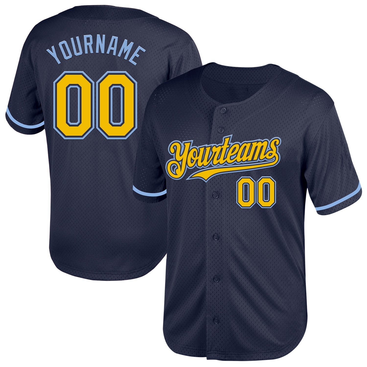 Custom Navy Yellow-Light Blue Mesh Authentic Throwback Baseball Jersey - Main View