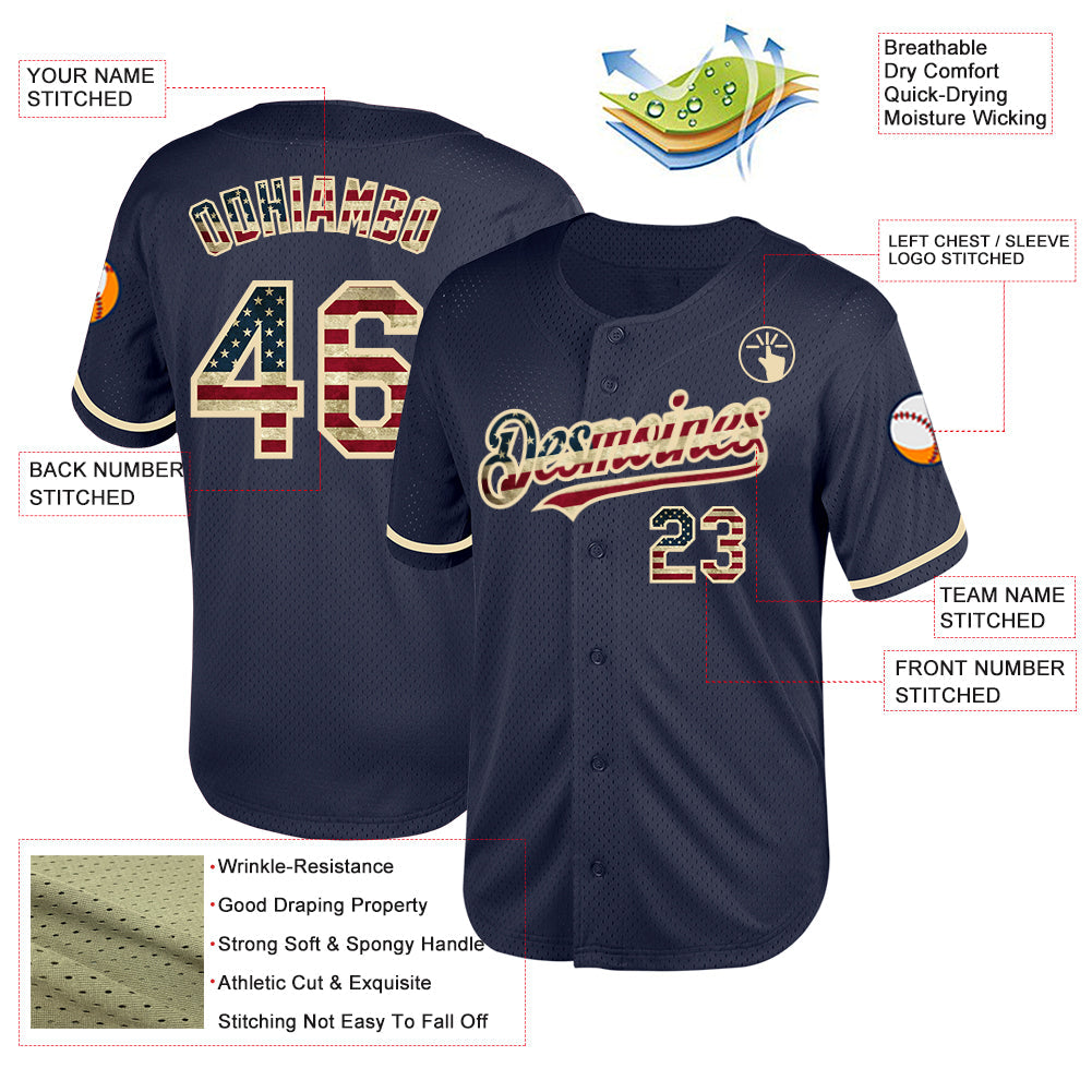 Custom Navy Vintage USA Flag-Cream Mesh Authentic Throwback Baseball Jersey view 3