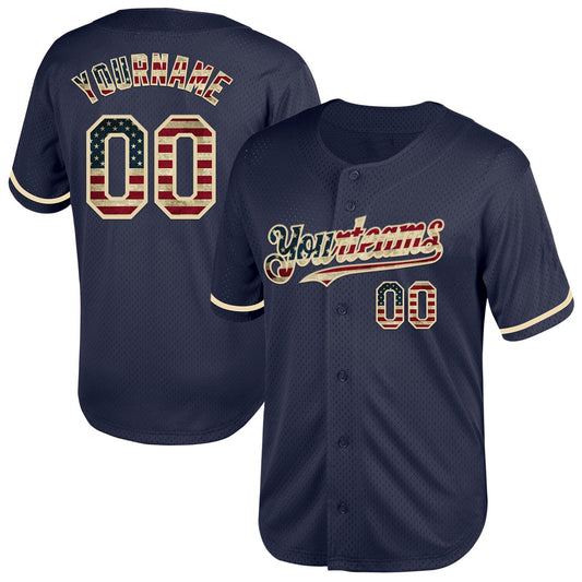 Custom Navy Vintage USA Flag-Cream Mesh Authentic Throwback Baseball Jersey - Main View