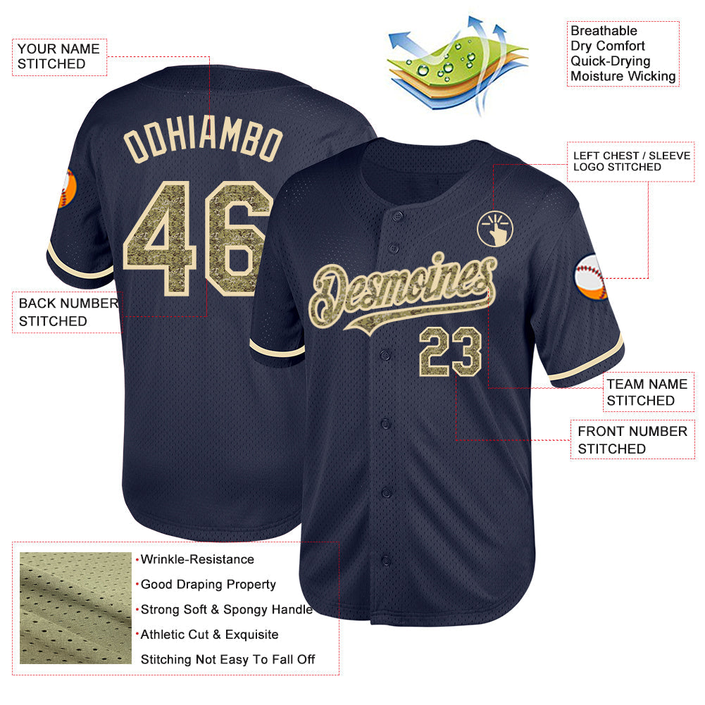 Custom Navy Camo-Cream Mesh Authentic Throwback Baseball Jersey view 3
