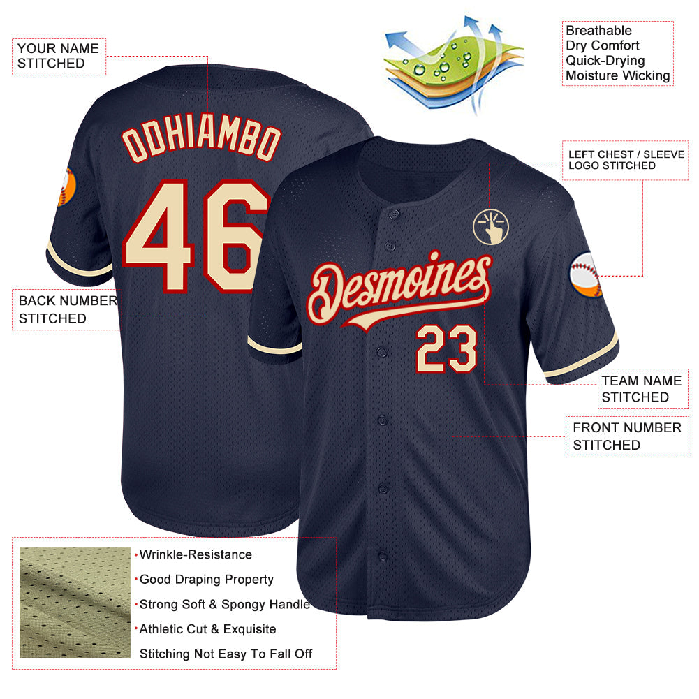 Custom Navy Cream-Red Mesh Authentic Throwback Baseball Jersey view 3